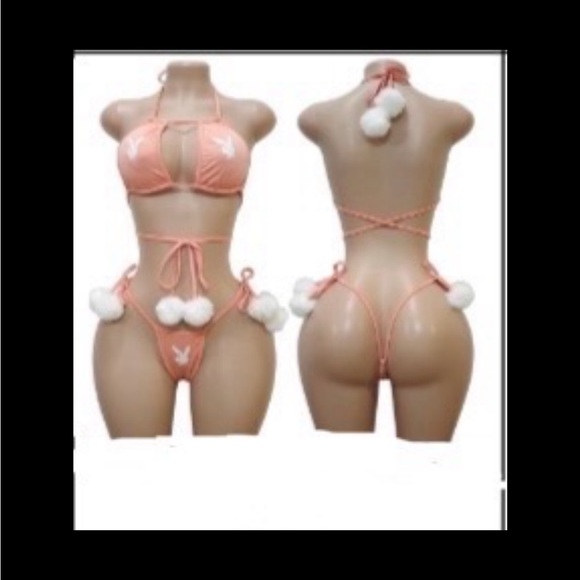 PLAYBOY Peach and White Bra Set with fluffy balls - Picture 2 of 2